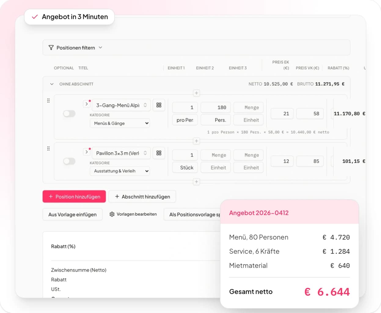 Regeleditor in Univents: regels met aantal, stukprijs, korting en btw