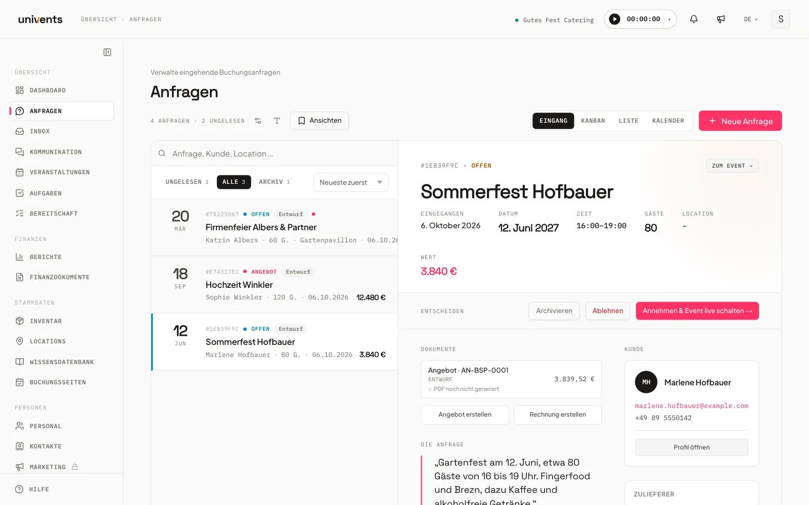 Univents-Backoffice: Per Chat anfragen