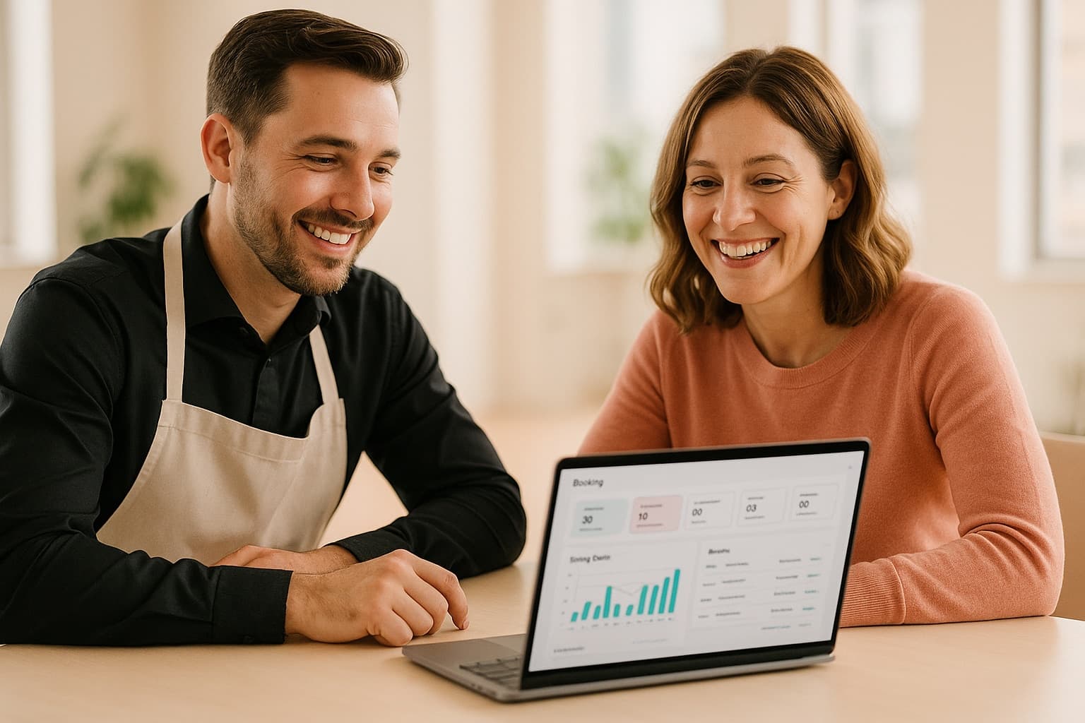 An event manager and a client looking at the customer portal with the booking overview on a laptop together