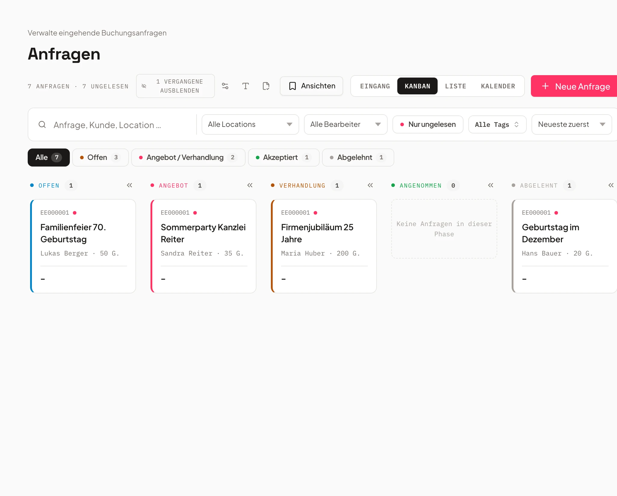 Inquiry pipeline in Univents as a kanban board by status