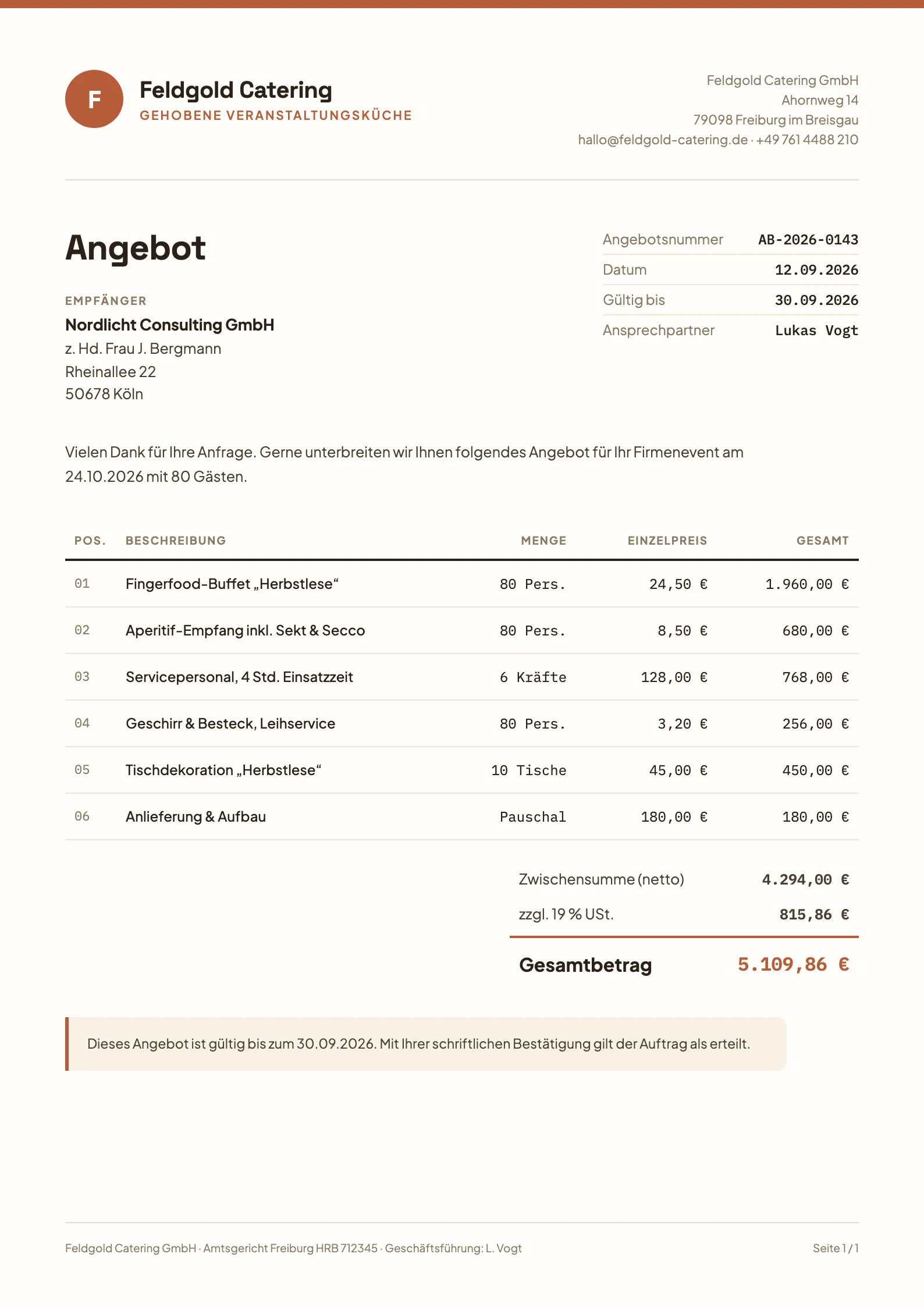 Quote document with line items, subtotal and total in a caterer's own brand design