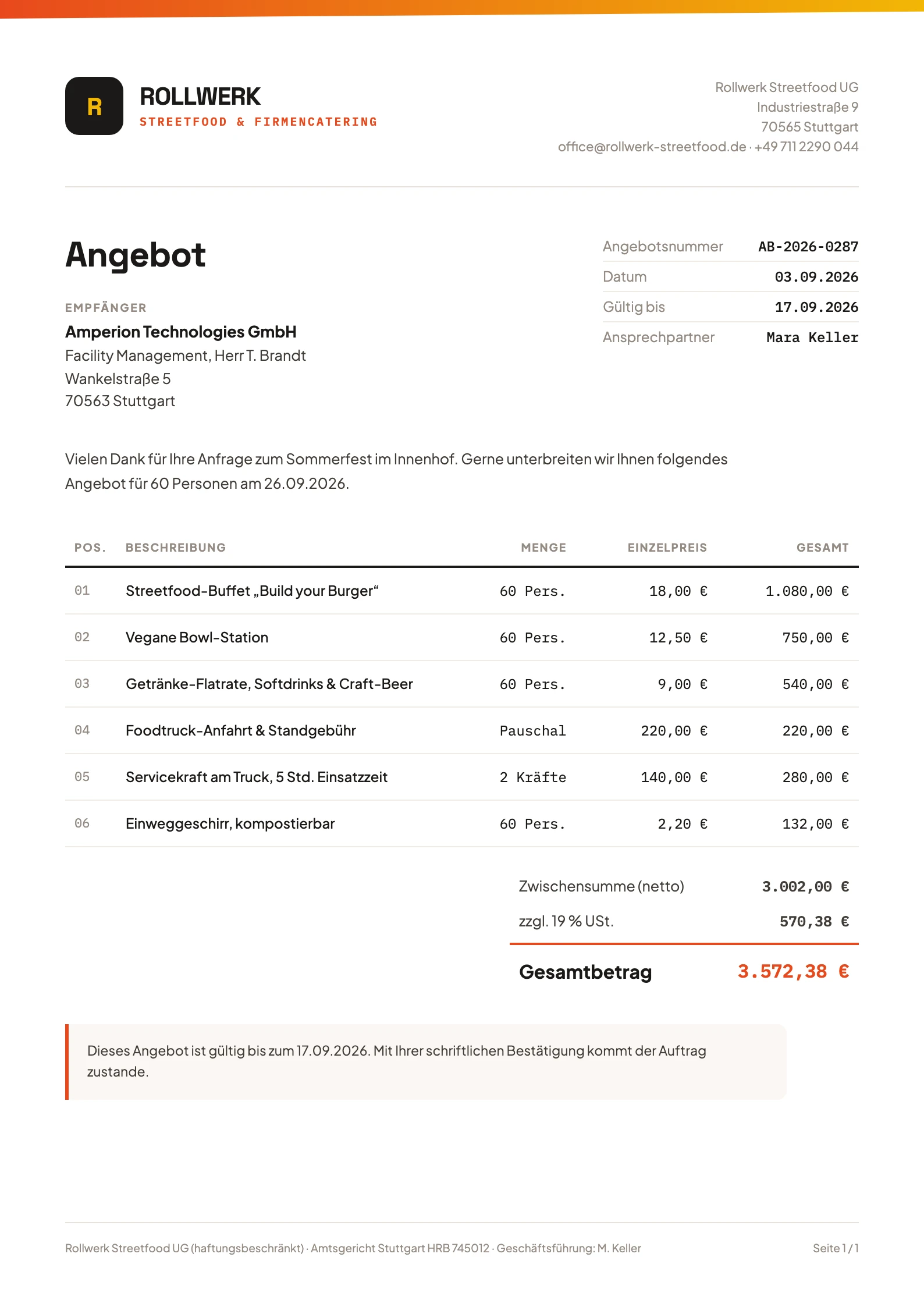 Quote document for a corporate event with line items and totals in a food truck's own brand design