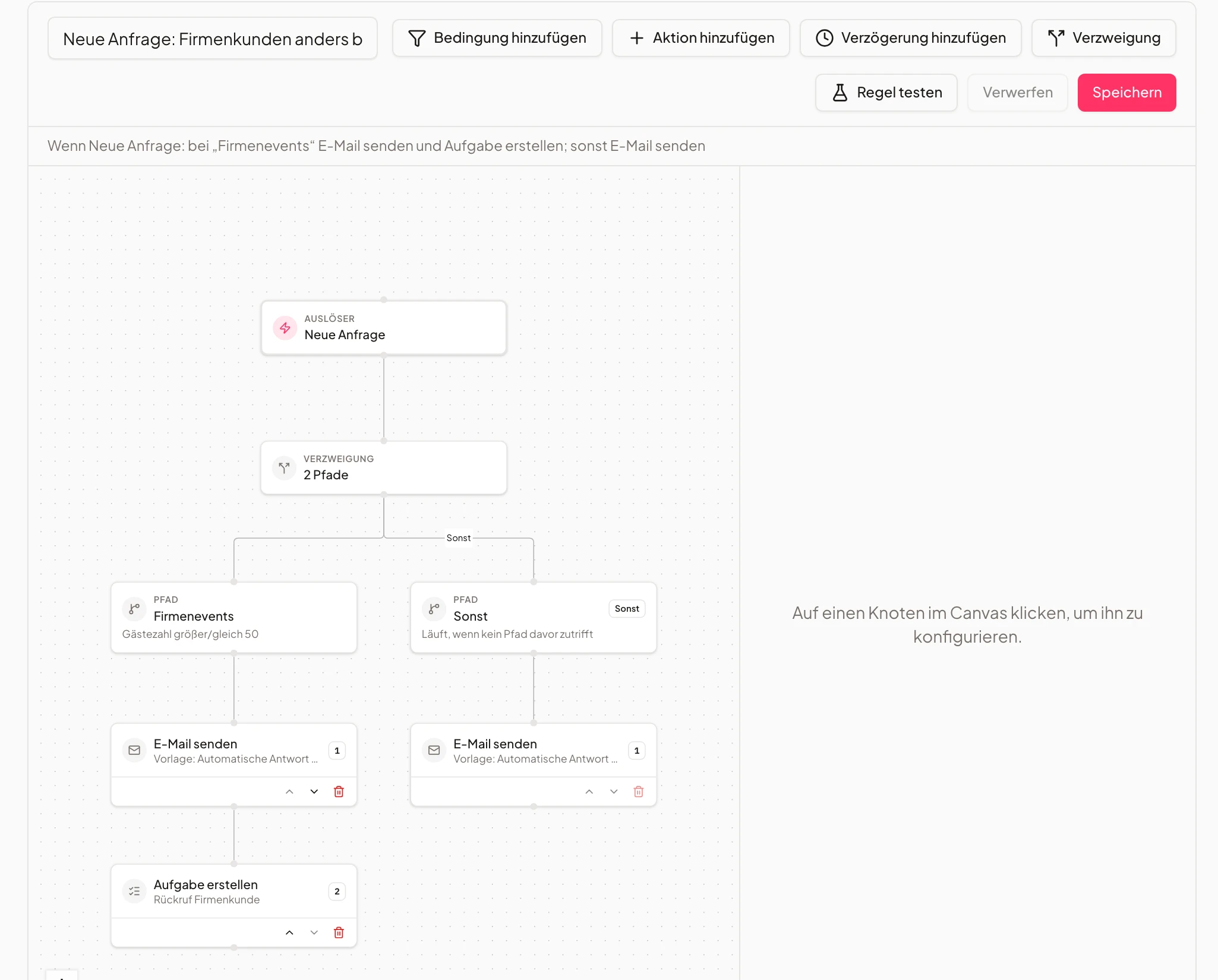 Automatisierungs-Canvas mit Auslöser, Verzweigung und zwei Pfaden