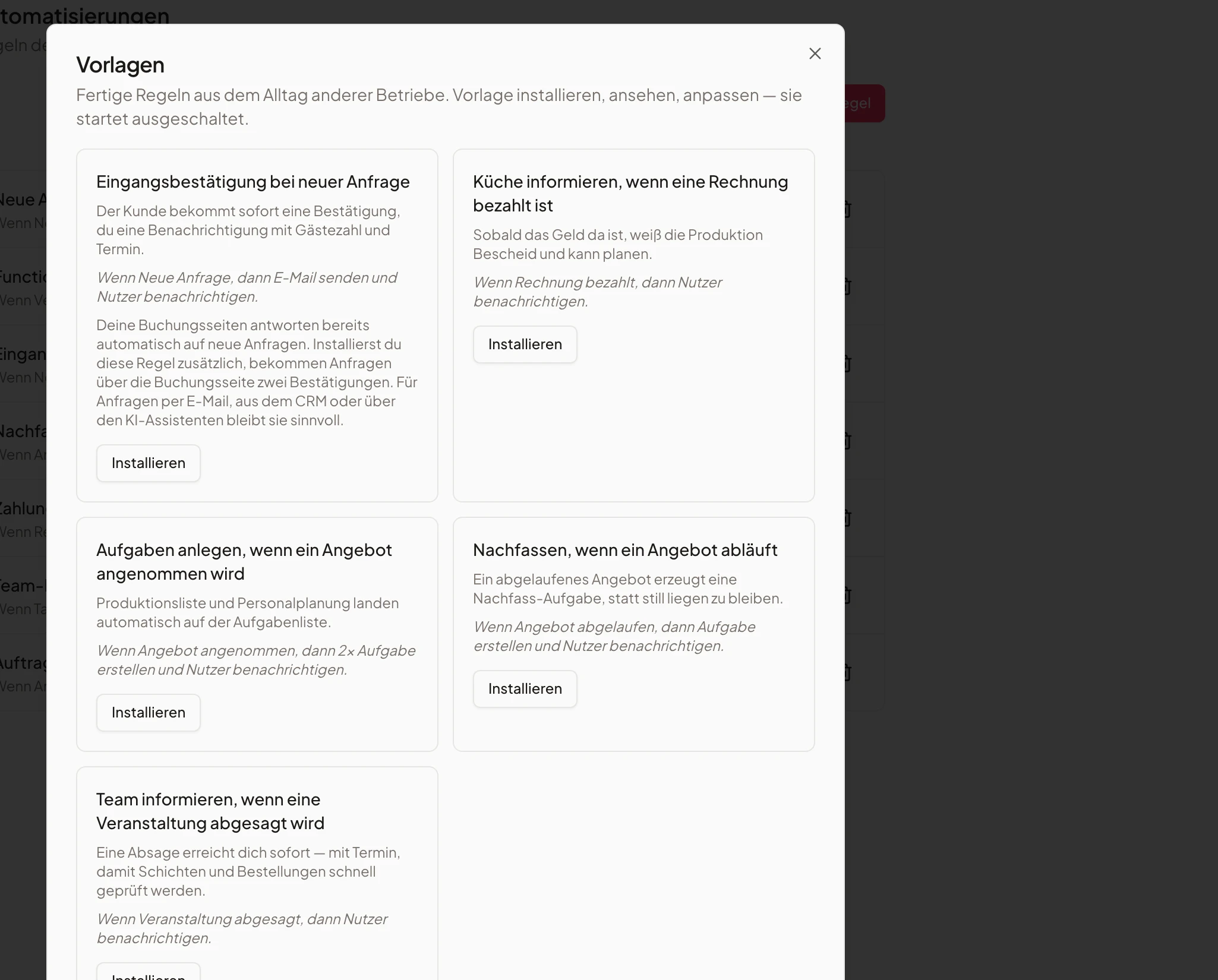 Vorlagen-Galerie mit fertigen Automatisierungsregeln