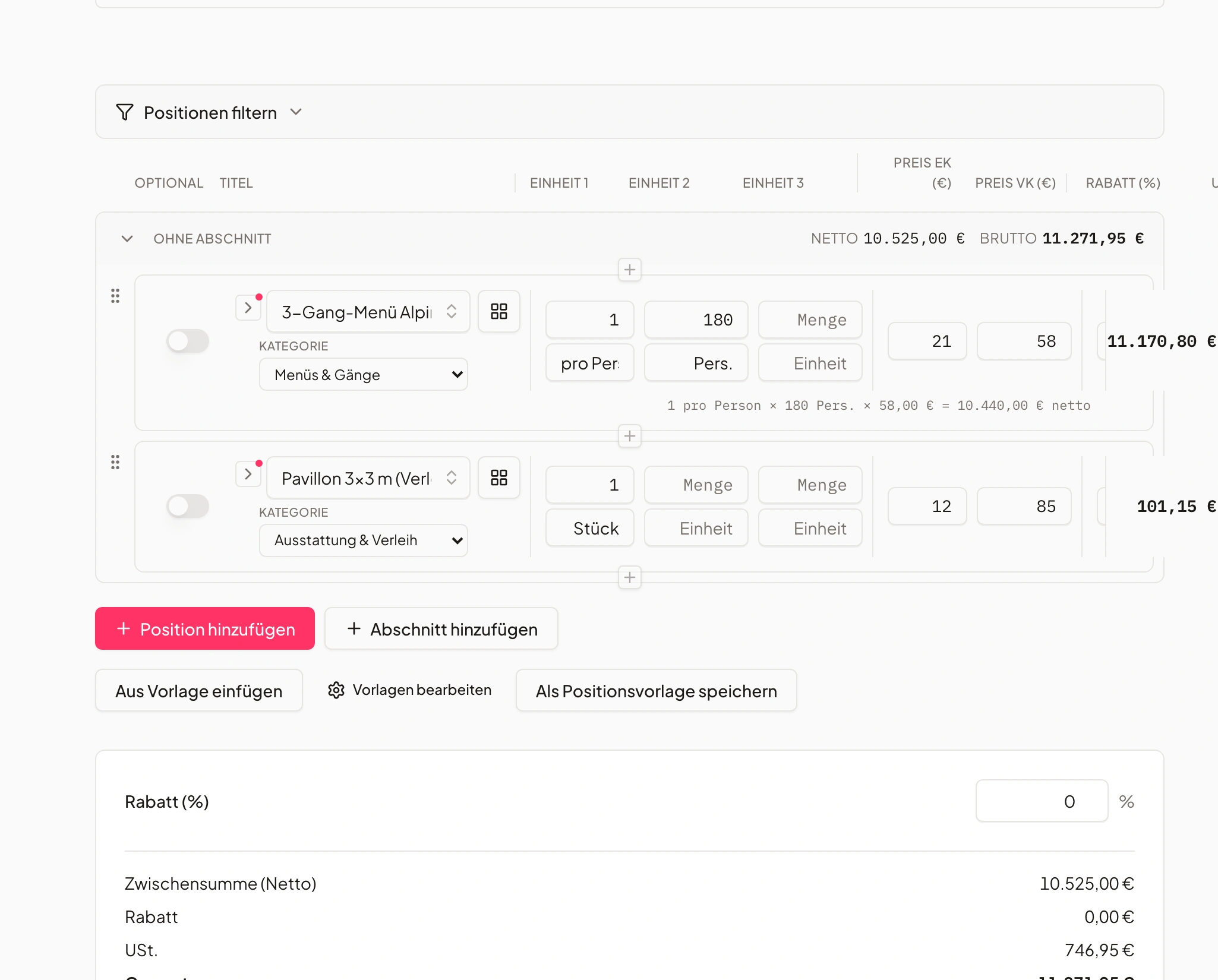 Angebots-Editor in Univents mit Positionen, Mengenlogik, Einkaufs- und Verkaufspreis