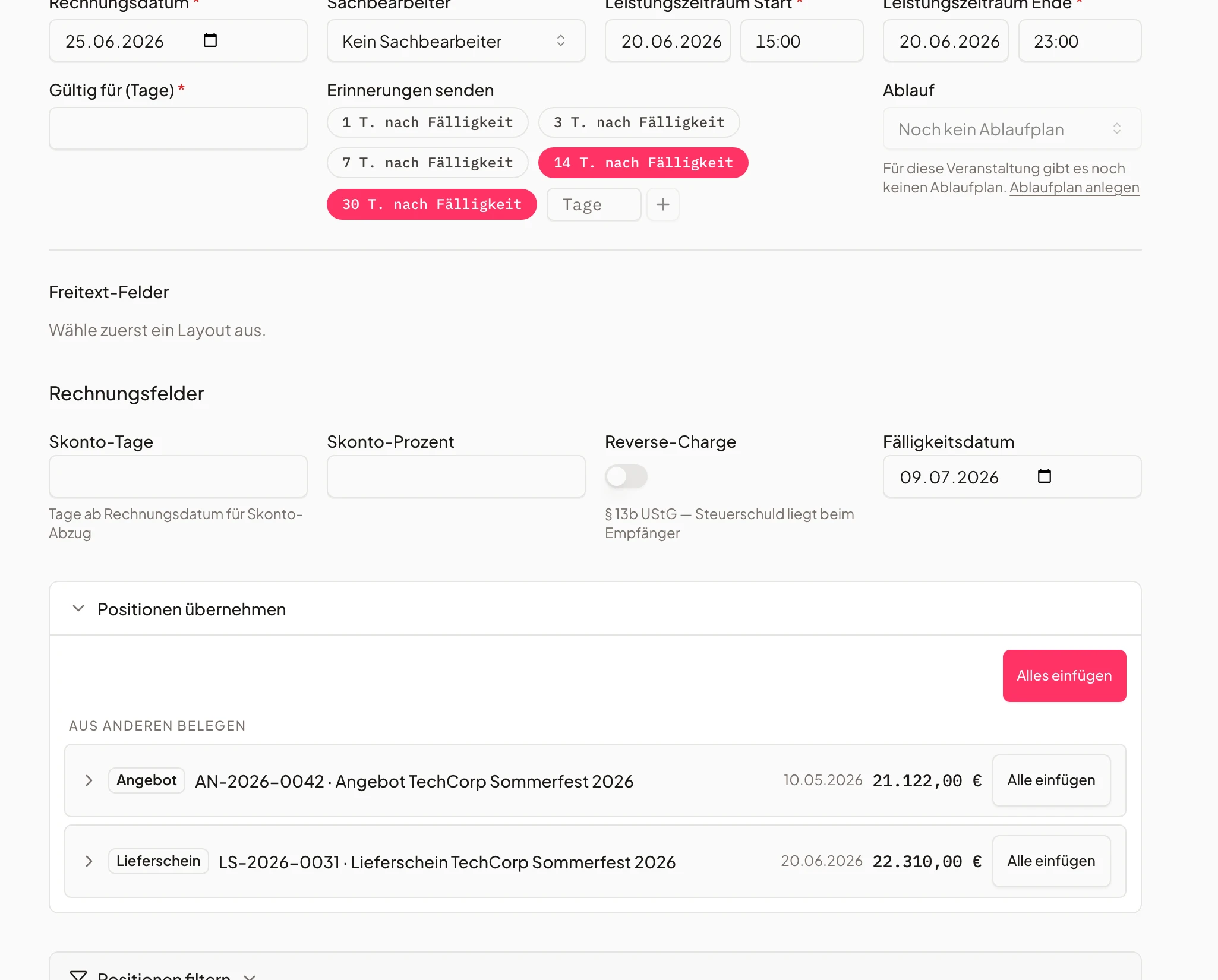 Configuring automatic payment reminders after due date in a Univents document header