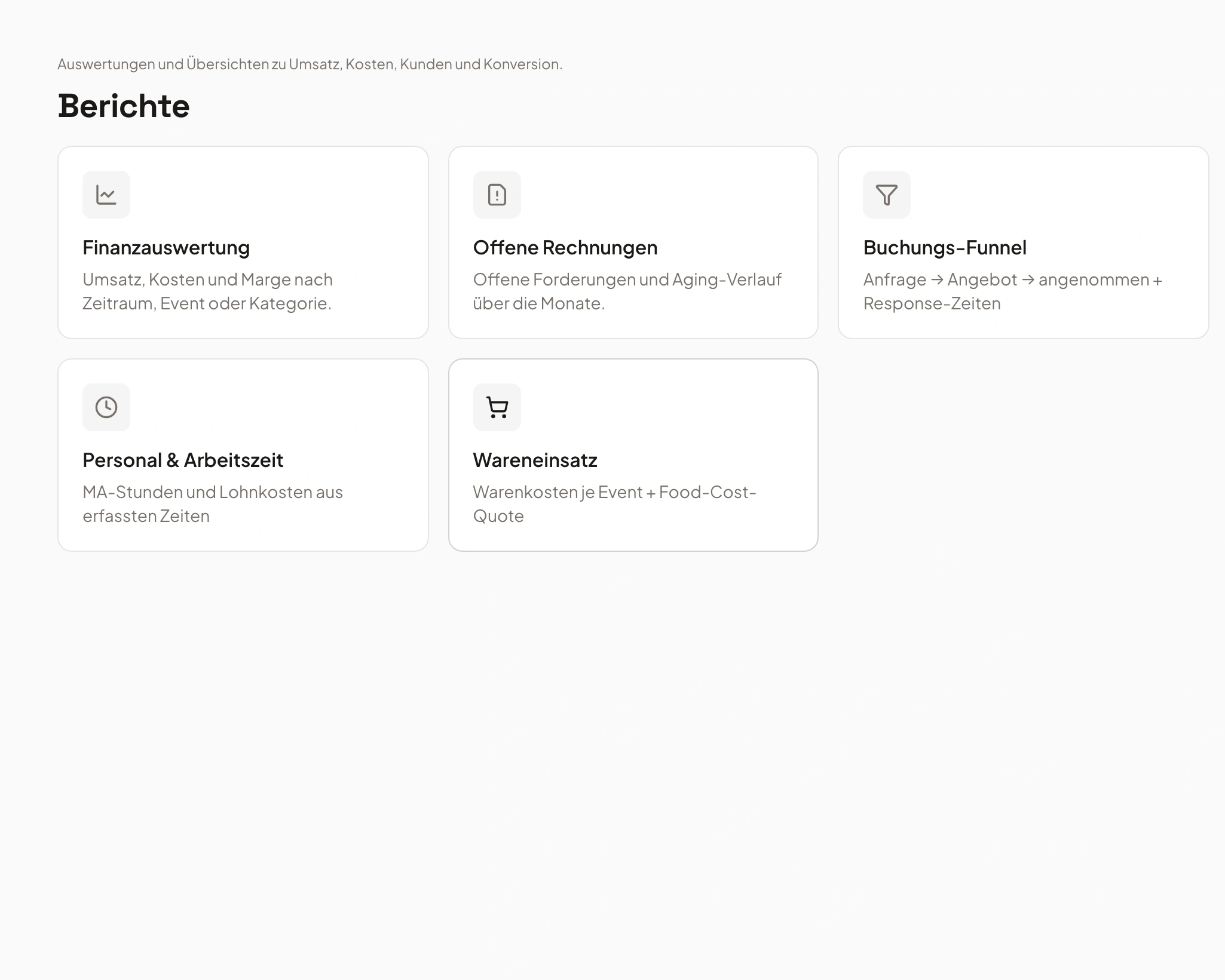Report overview in Univents: financials, open invoices, booking funnel