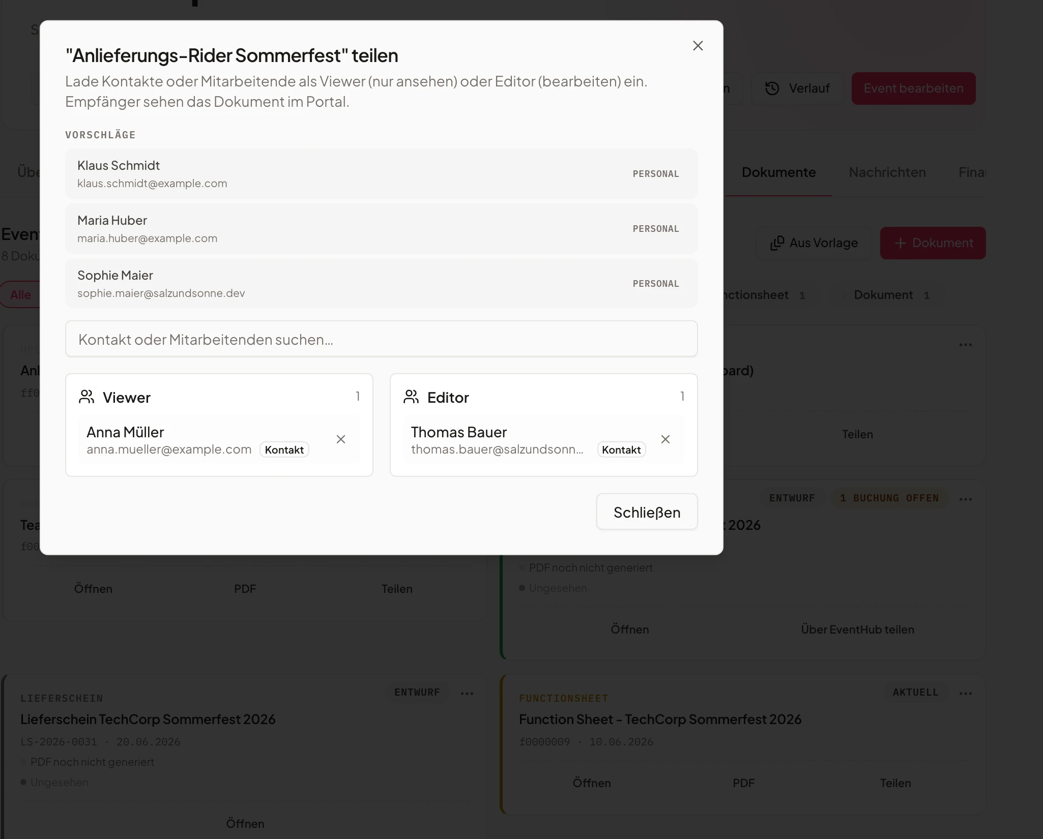 Share a document with an external contact and a team member in Univents