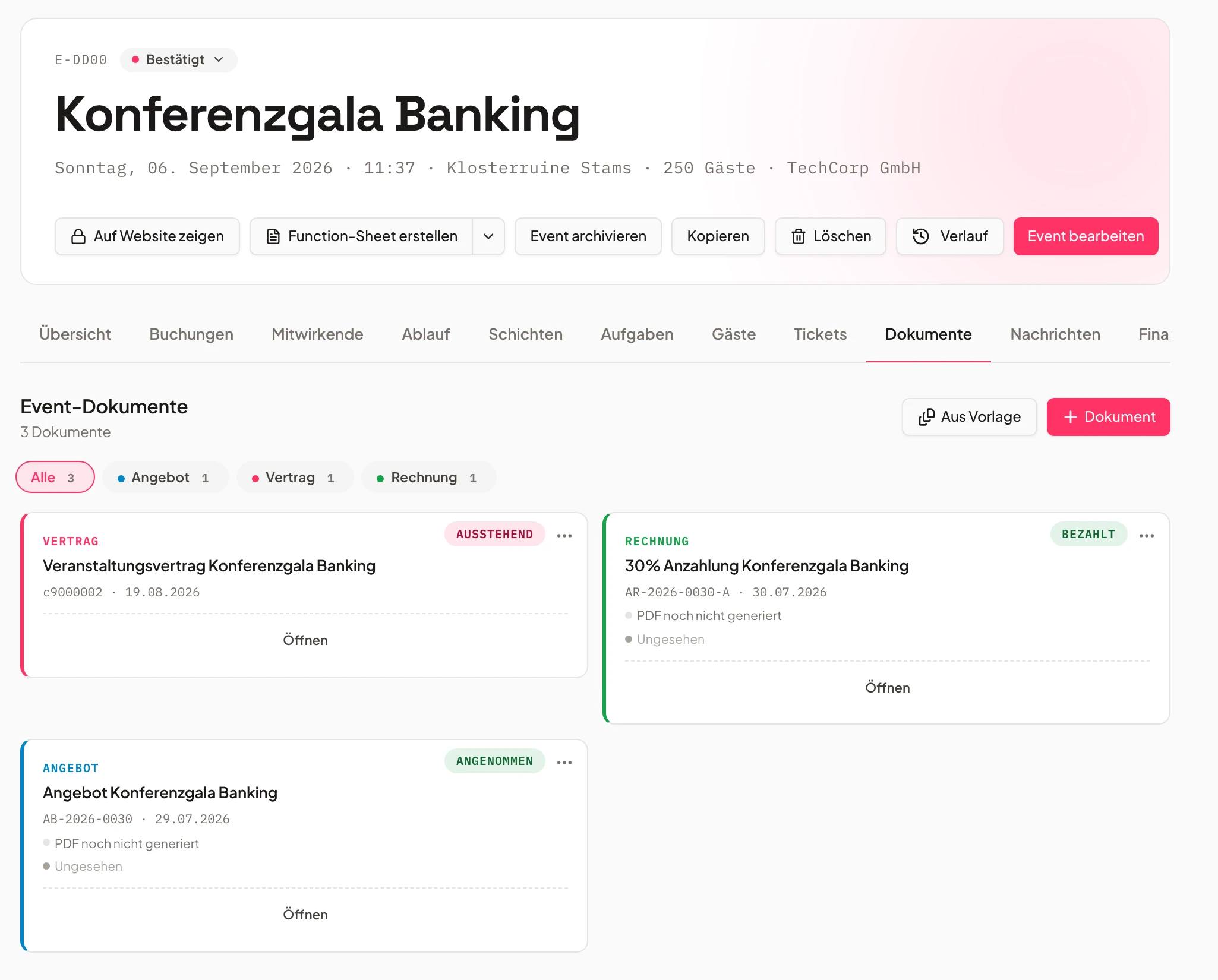 Dokumente einer Veranstaltung in Univents mit Versand- und Zahlungsstatus je Beleg
