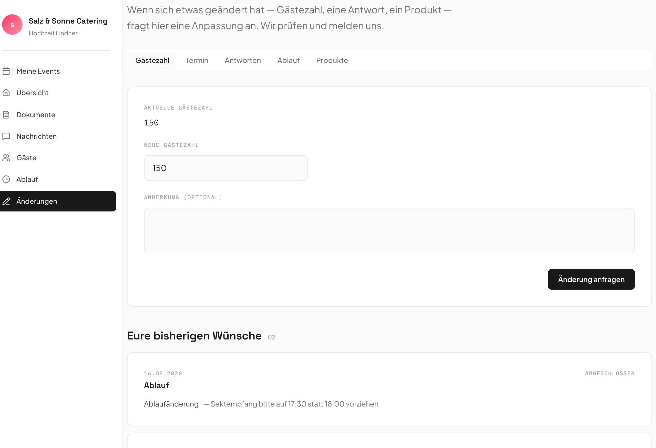 Change requests with status in the customer portal (EventHub) of Univents