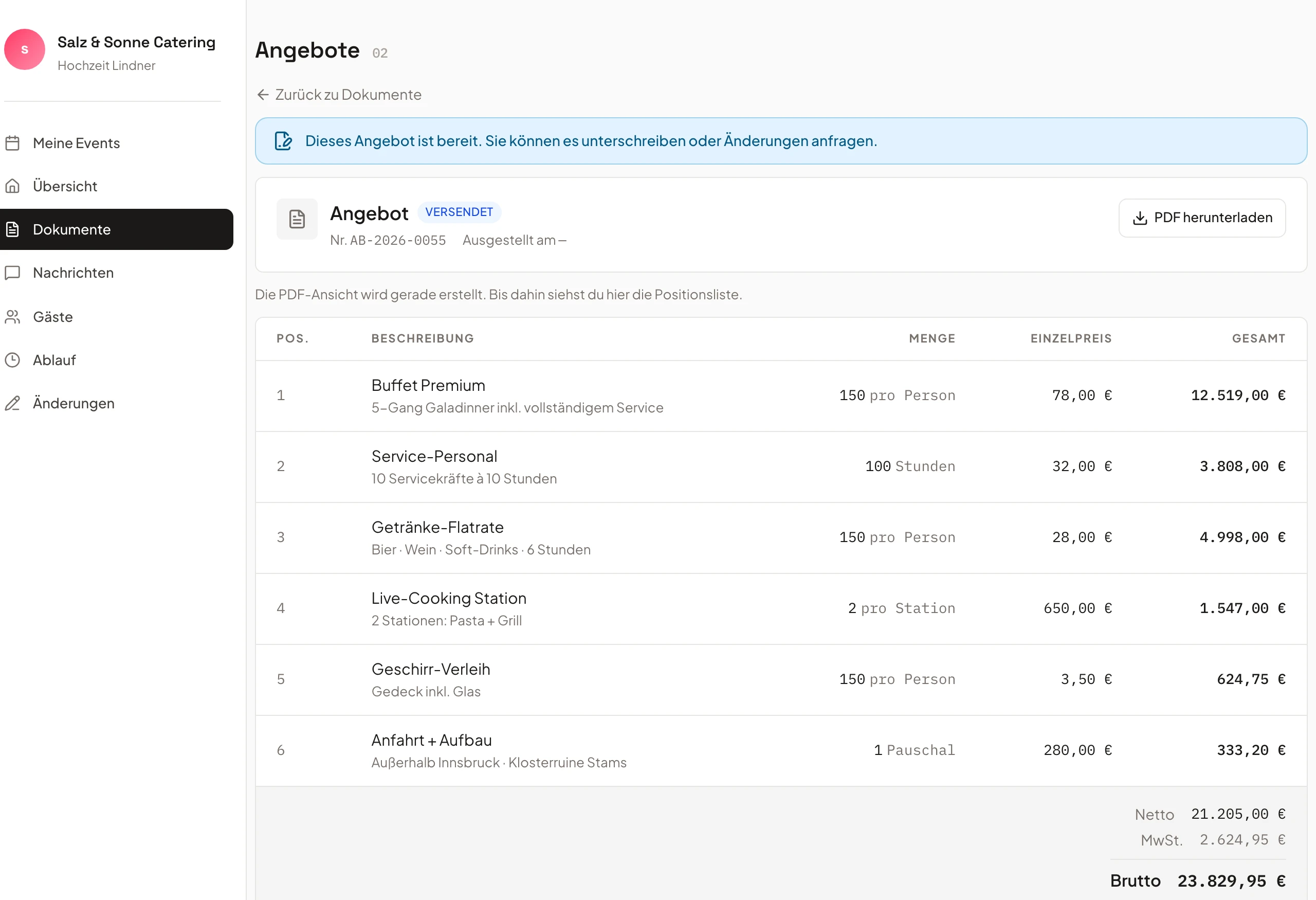 Sent quote with line items and totals in the customer portal (EventHub) of Univents