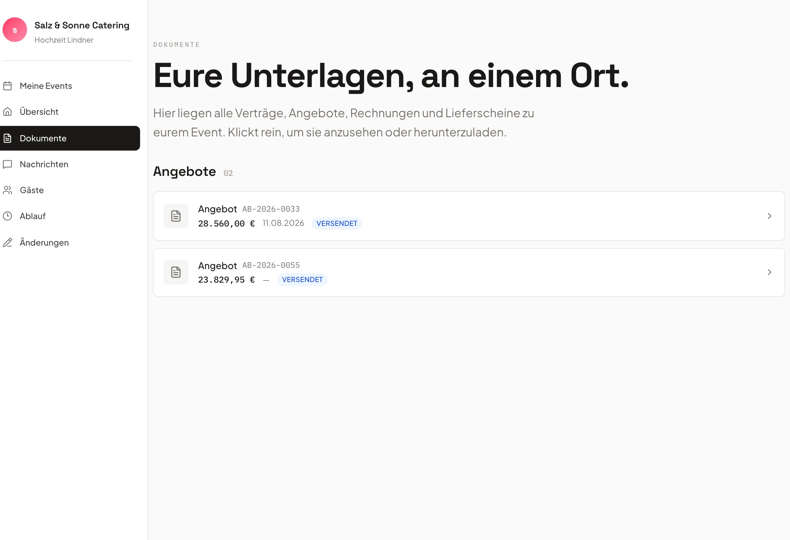 Customer portal (EventHub) in Univents with documents, timeline and messages