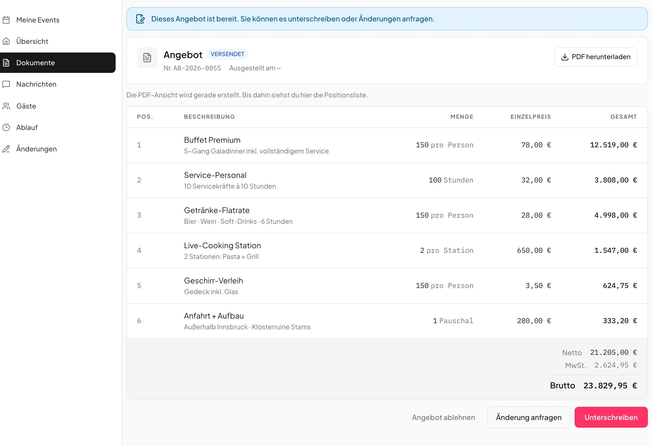 Angebot digital annehmen und signieren im Kundenportal (EventHub) von Univents