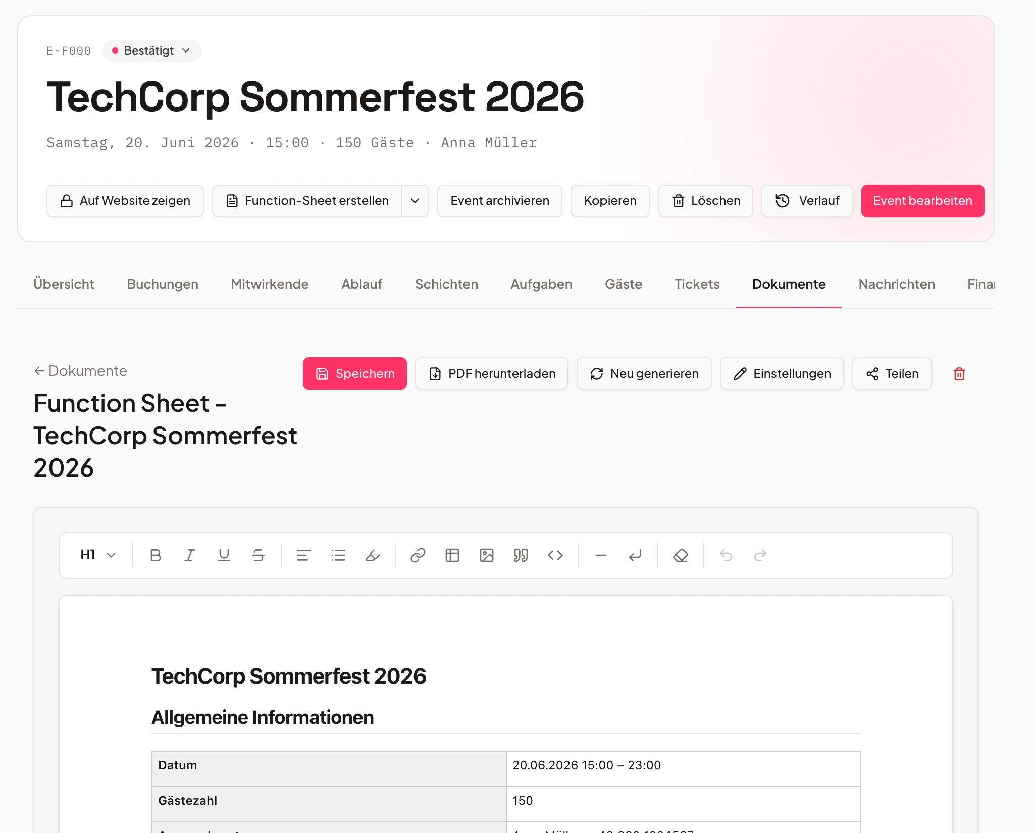 Function sheet of an event in Univents