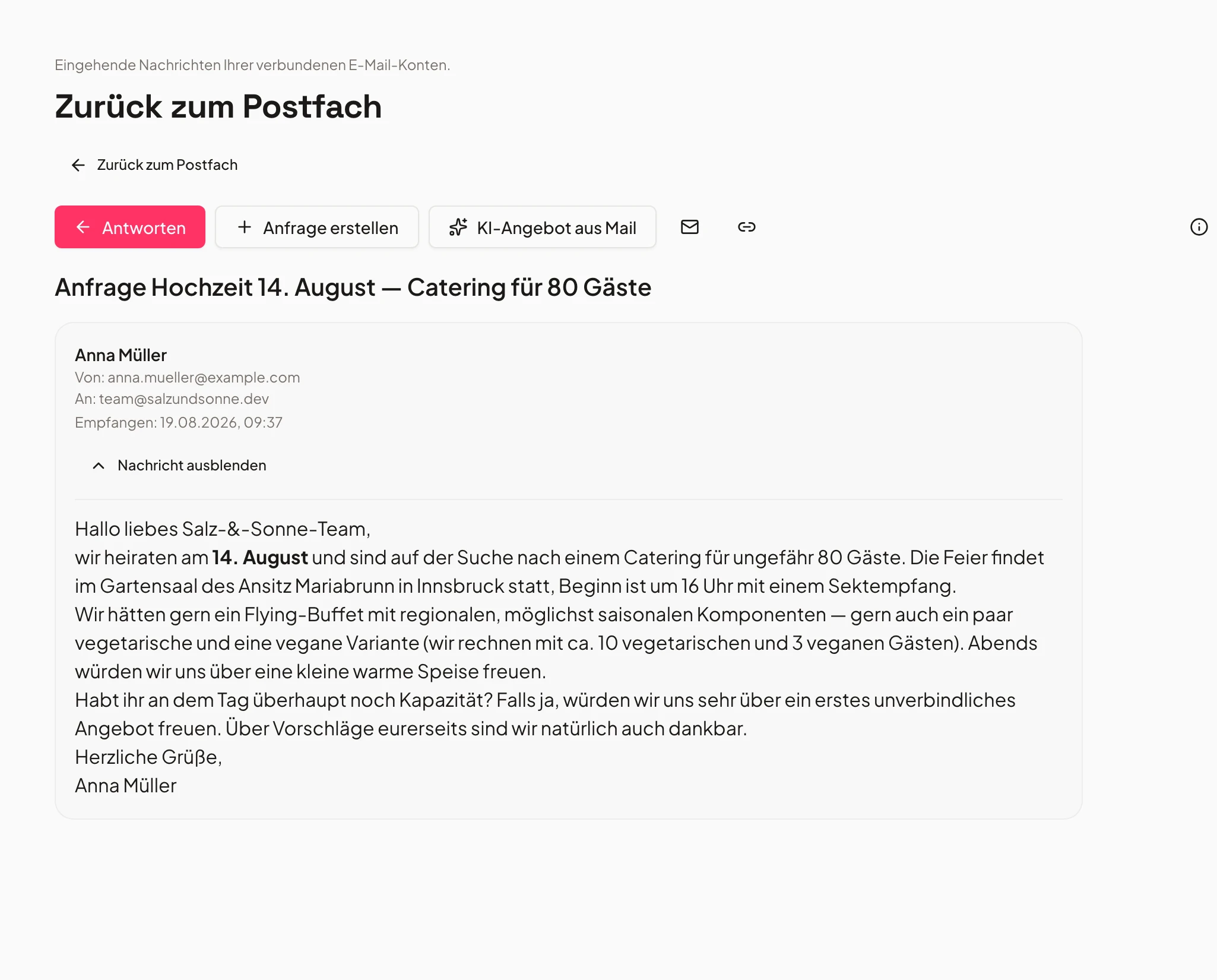 KI-Angebot aus einer eingehenden E-Mail im Postfach von Univents erstellen