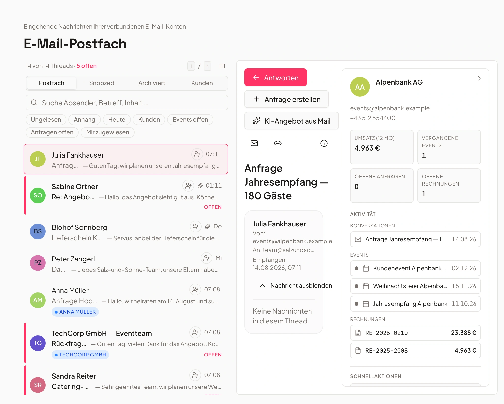 Email inbox in Univents, linked to events
