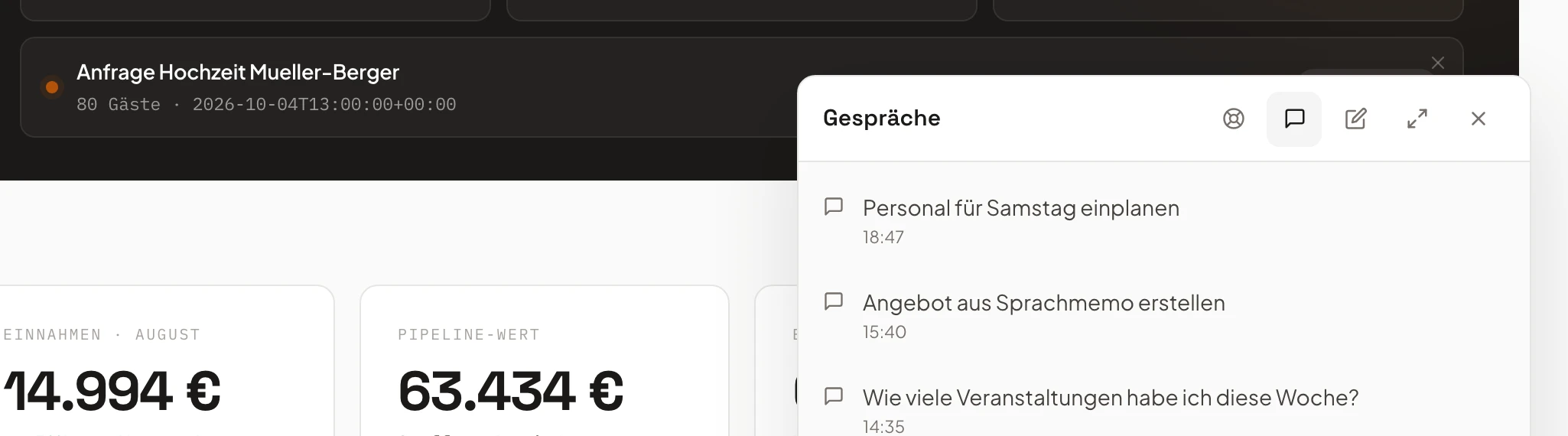 Gesprächsverlauf des KI-Assistenten in Univents mit mehreren Konversationen
