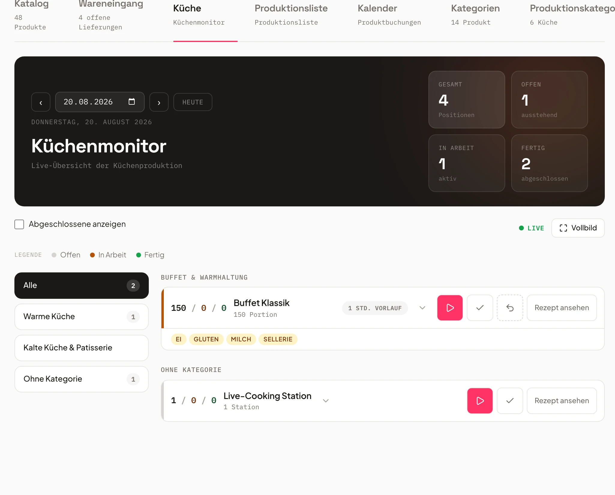 Kitchen monitor in Univents grouped by production categories with quantities and allergens