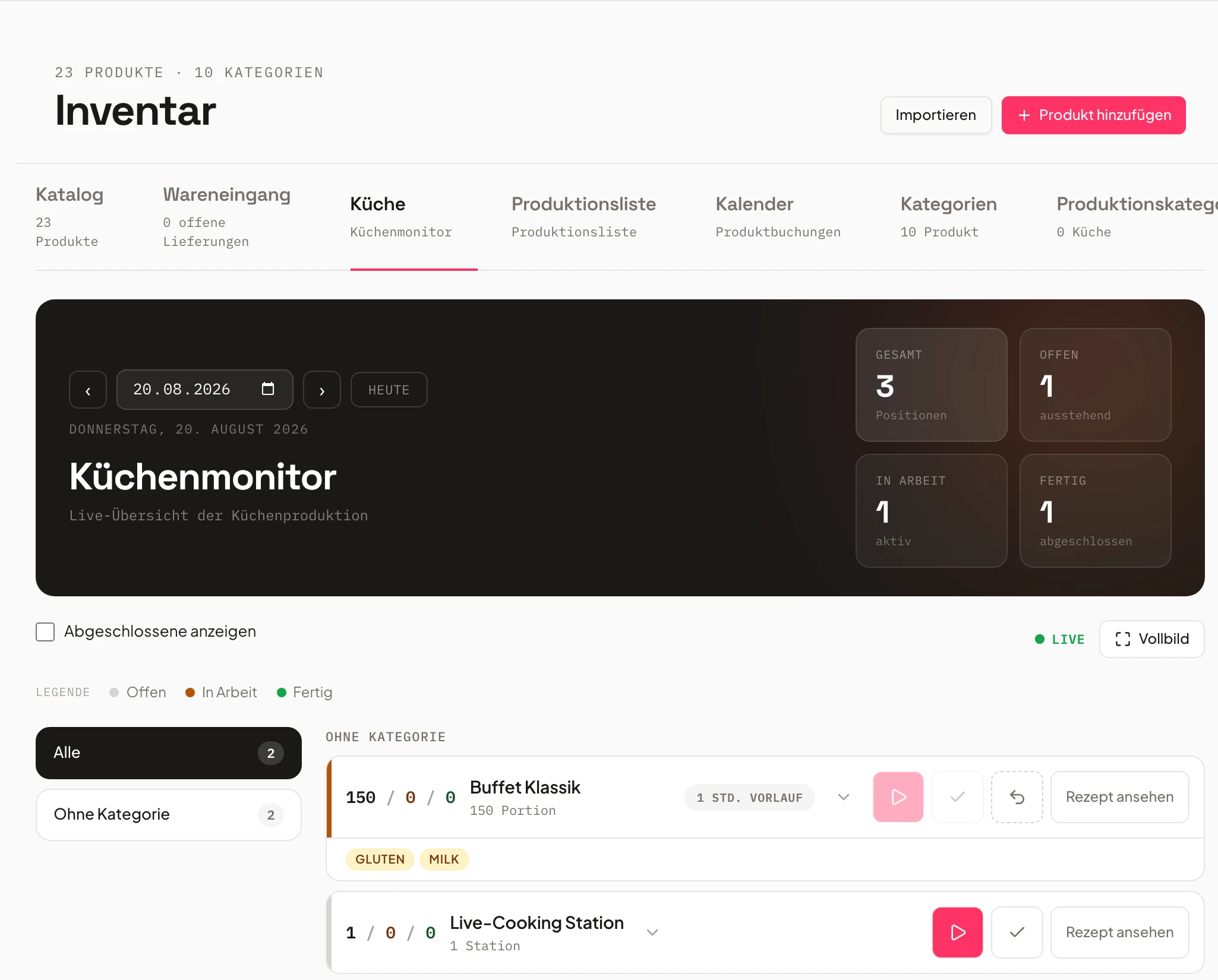 Küchenmonitor in Univents mit Tagesnavigation für mehrtägige Produktion