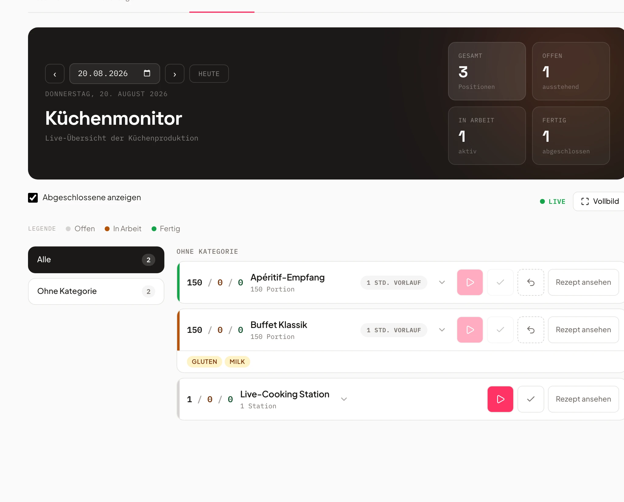 Kitchen monitor in Univents with live colour-coded status per item