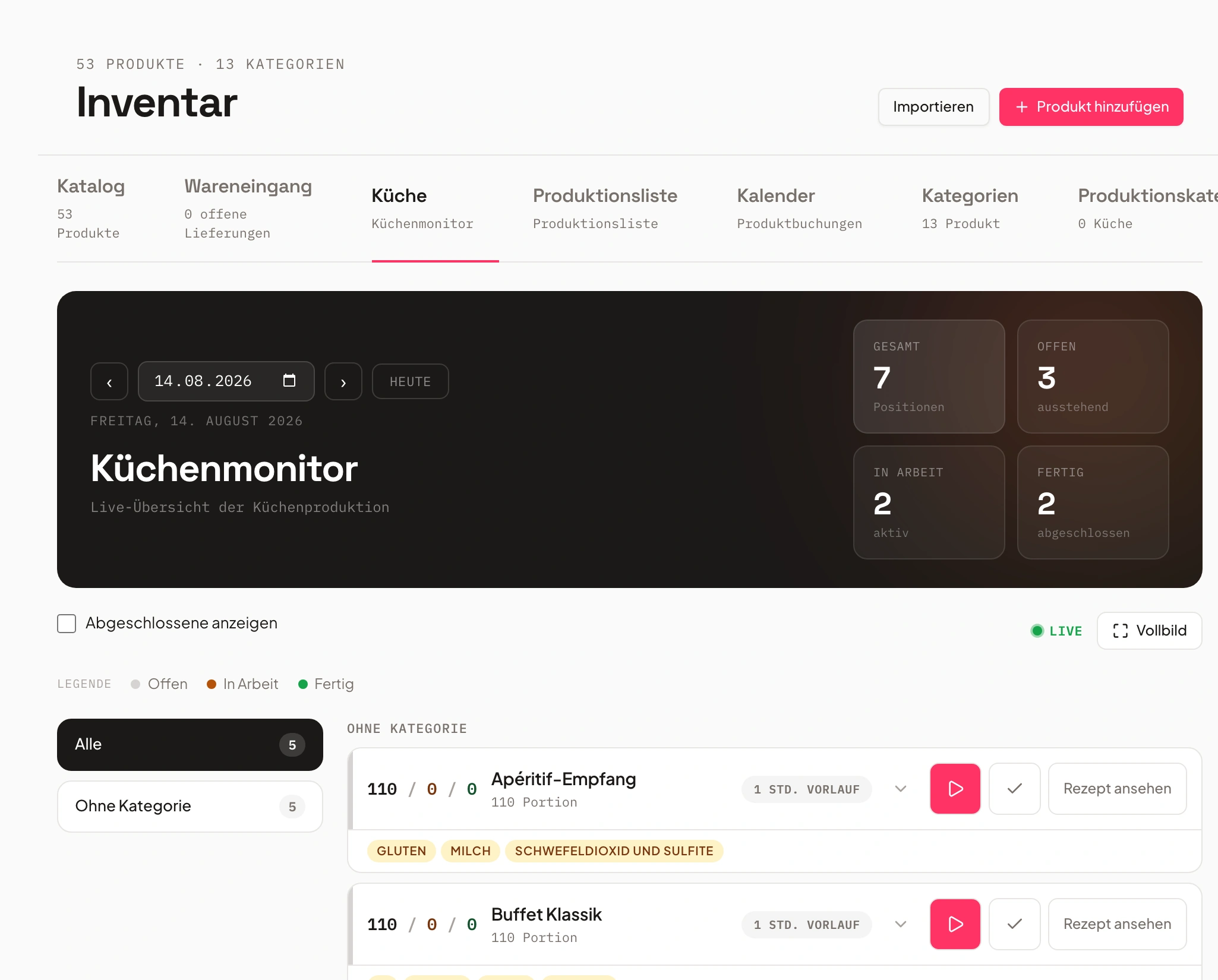 Küchenmonitor in Univents mit Produktionsposten, Mengen und Allergenen