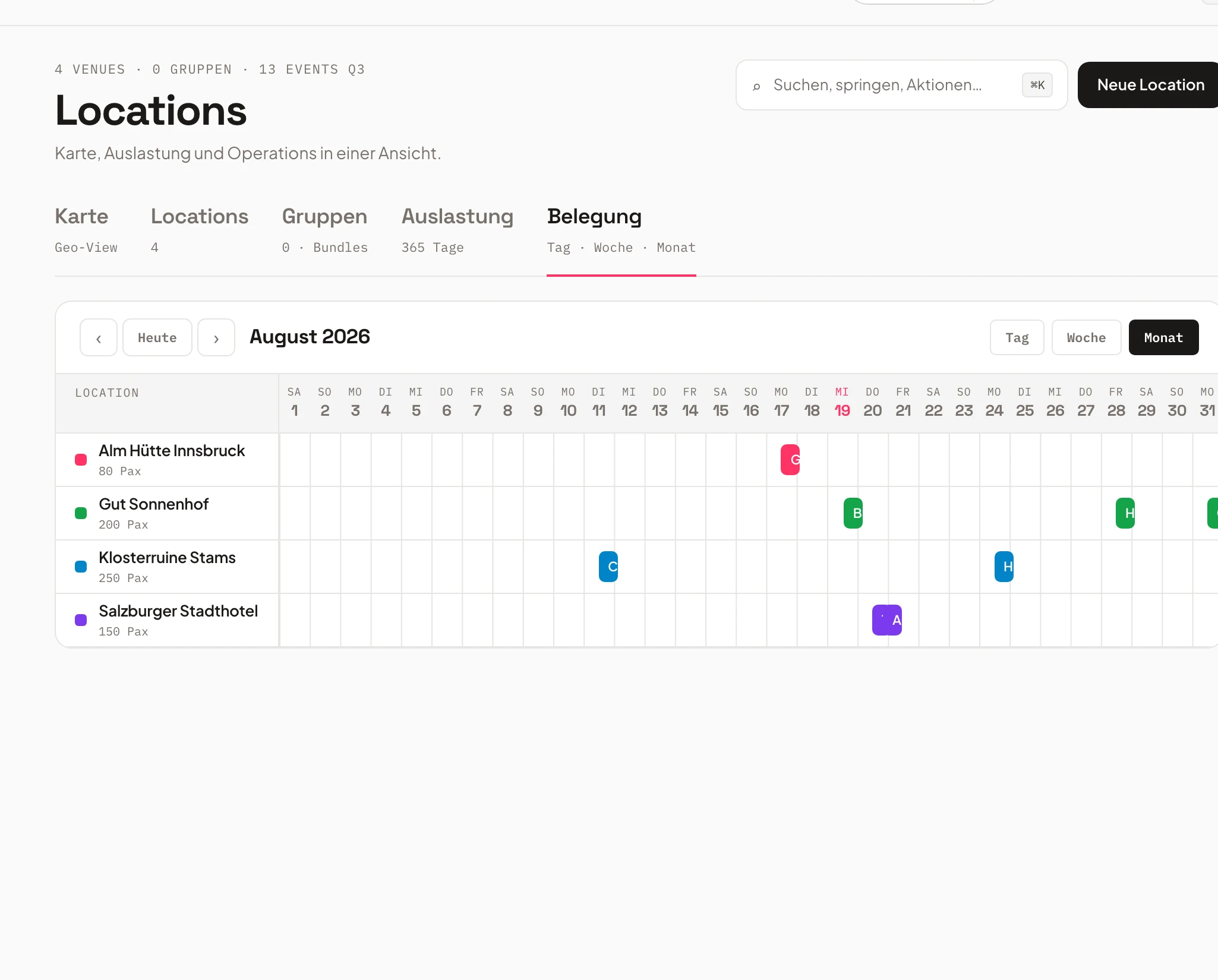 Booking timeline of all venues in Univents by day, week and month