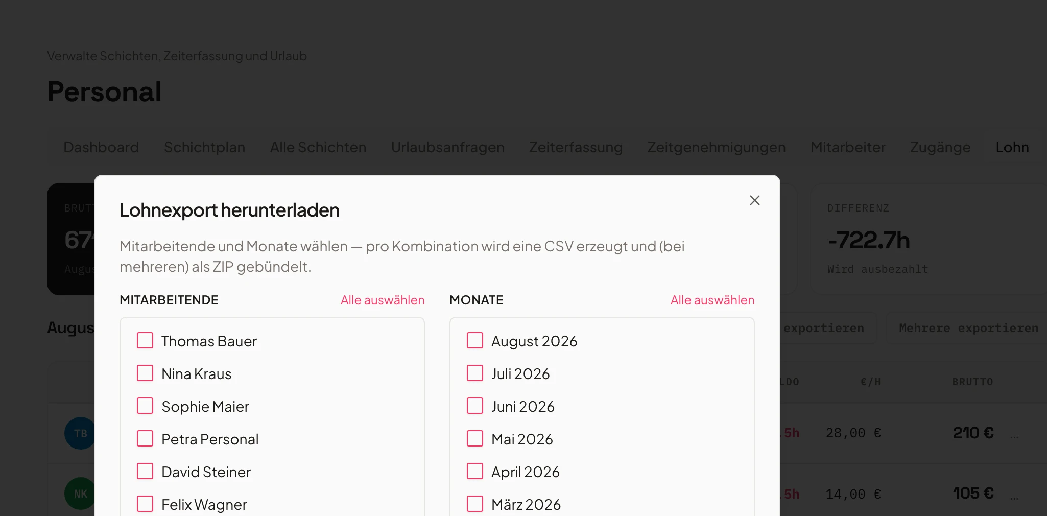 Payroll export dialog in Univents for selecting staff members and a date range