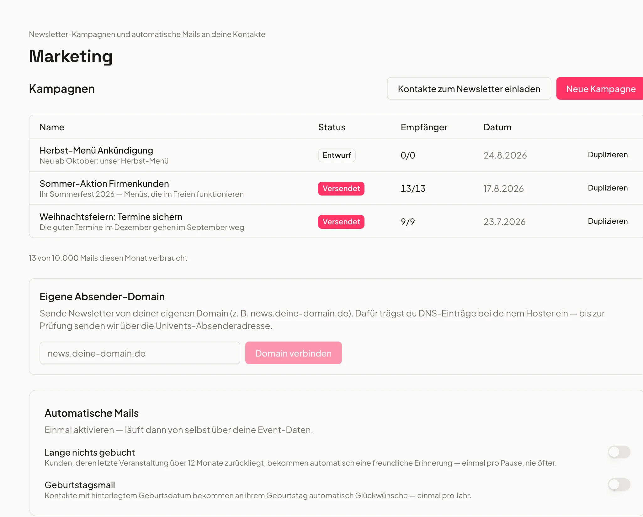 Newsletter-Kampagne in Univents mit Empfängerfilter und Live-Zähler der erreichbaren Kontakte