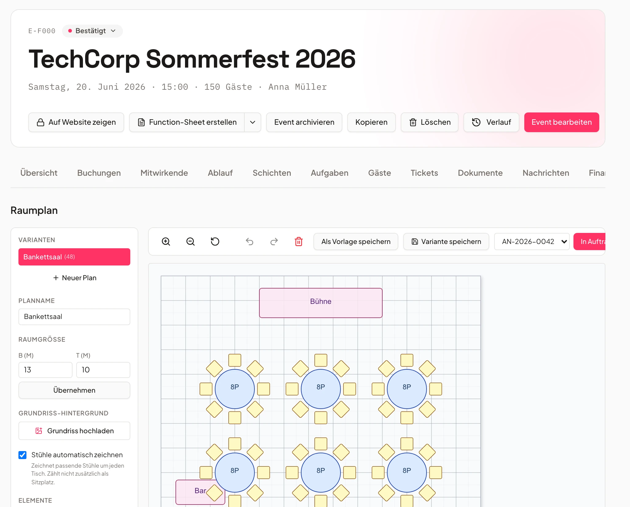 Zaalplanner in Univents met tafels en zitopstelling