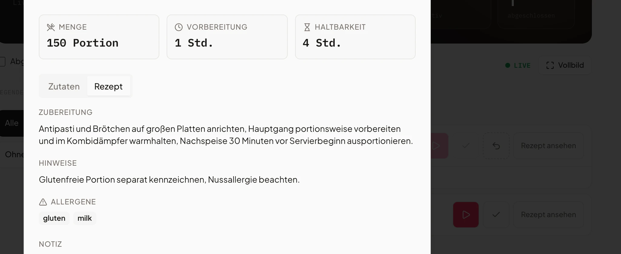 Zubereitungsanweisung eines Rezepts im Küchenmonitor von Univents