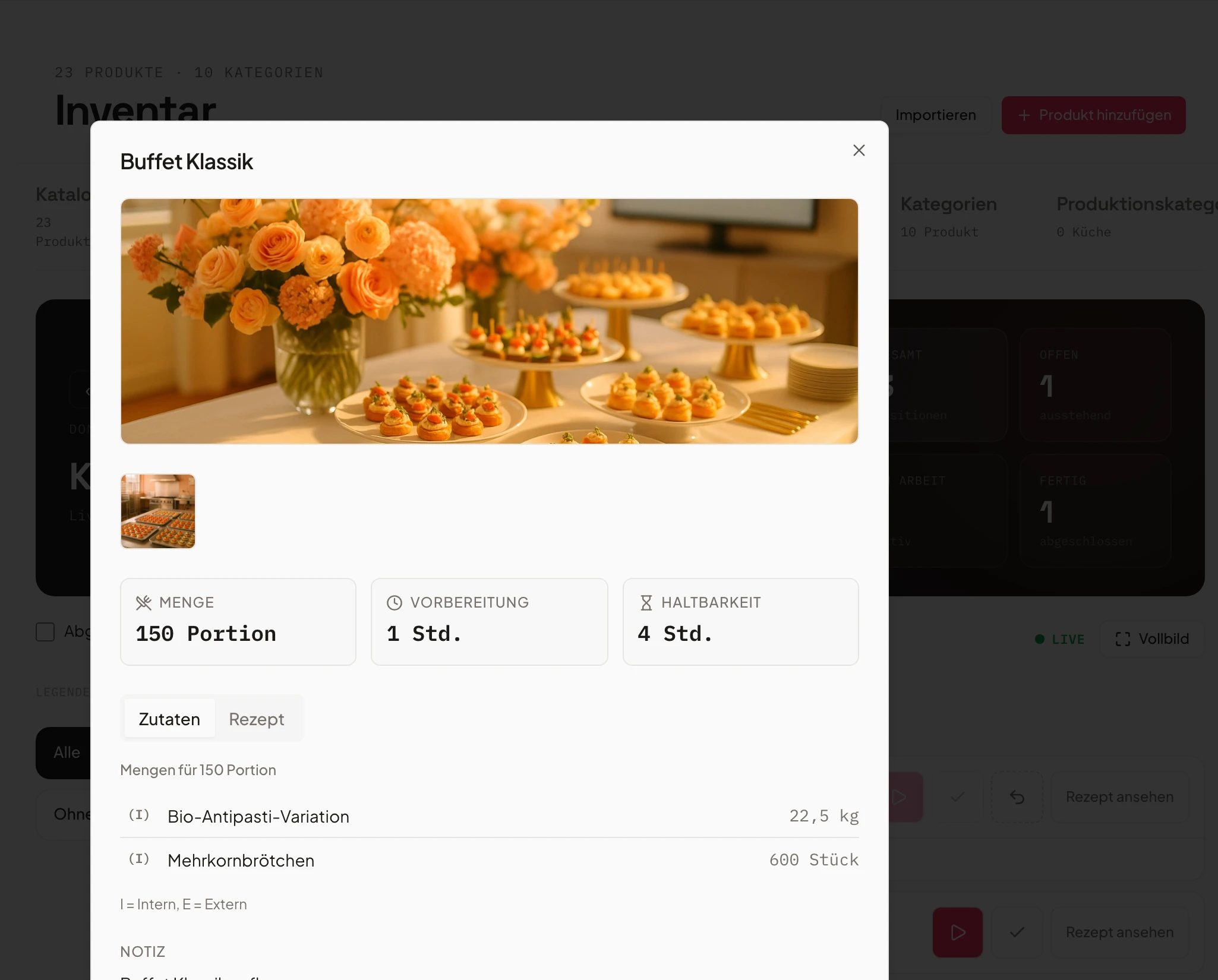 Recipe detail in the Univents kitchen monitor with ingredients and preparation