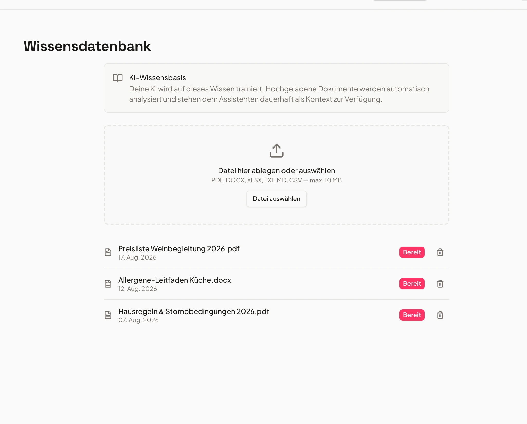 Wissensdatenbank in Univents mit Dokumenten, auf die der KI-Assistent trainiert ist