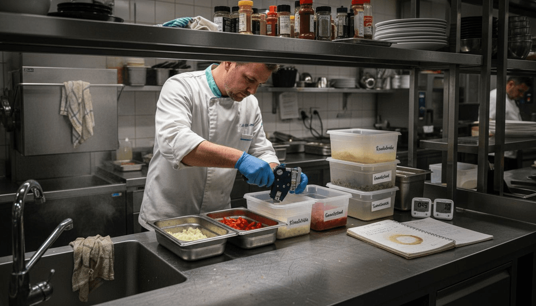Der Souschef beschriftet die Zutaten, damit in der Küche alles reibungslos abläuft.