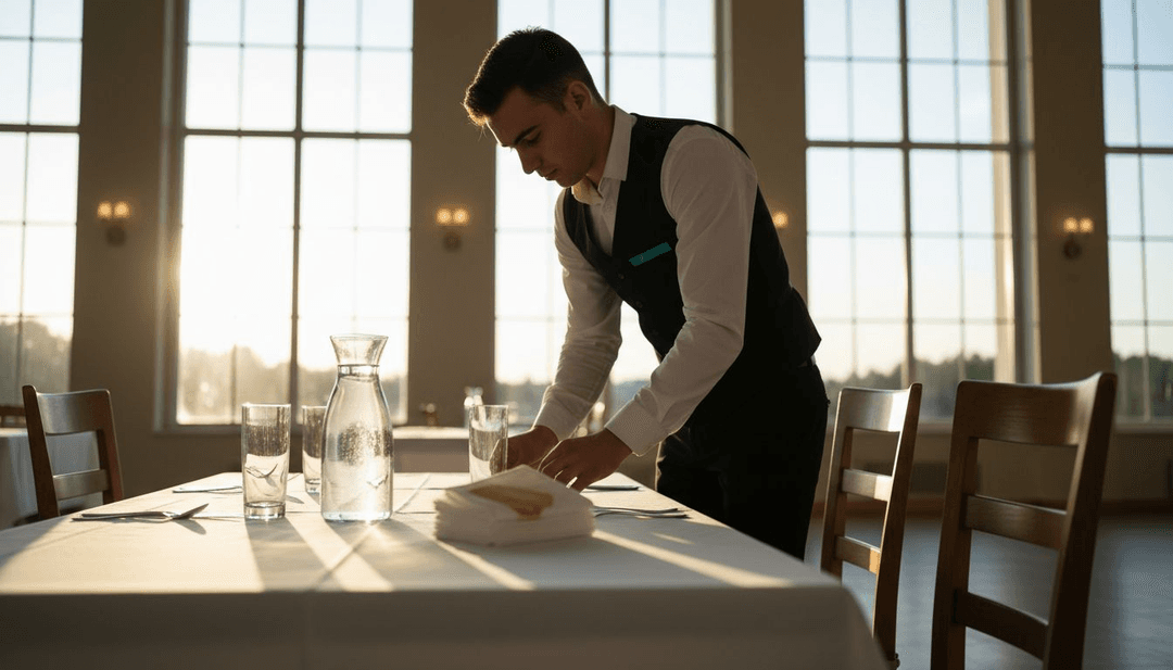 Ein Service-Mitarbeiter richtet das Buffet für die Veranstaltung an.