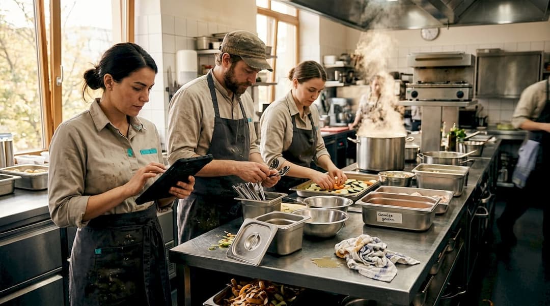 Das Catering-Team bereitet in der Küche alles für den bevorstehenden Service vor.
