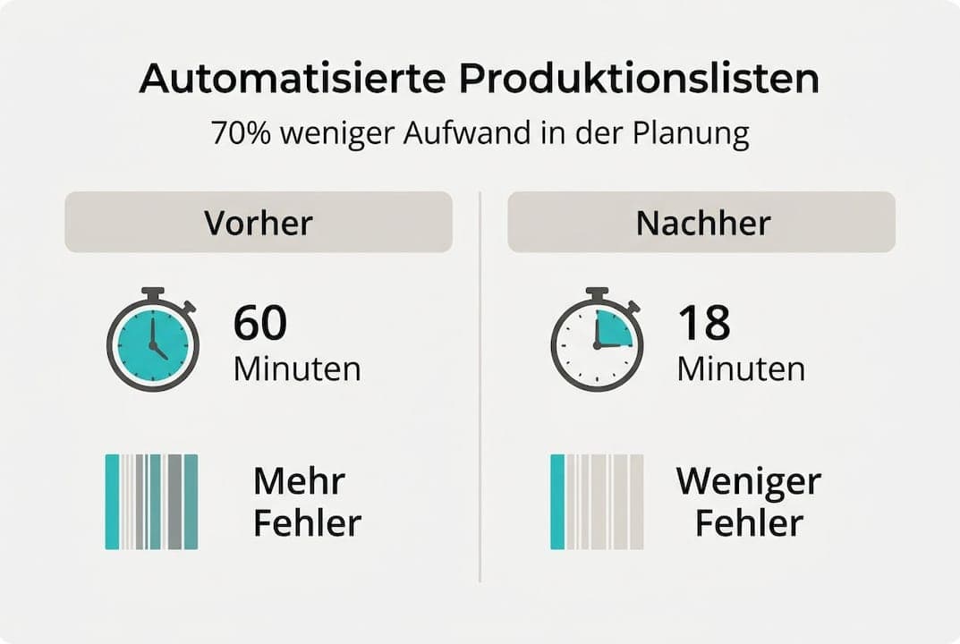 Infografik: Effizienzsteigerung im Produktionsprozess – Vergleich von Listen vor und nach Optimierung