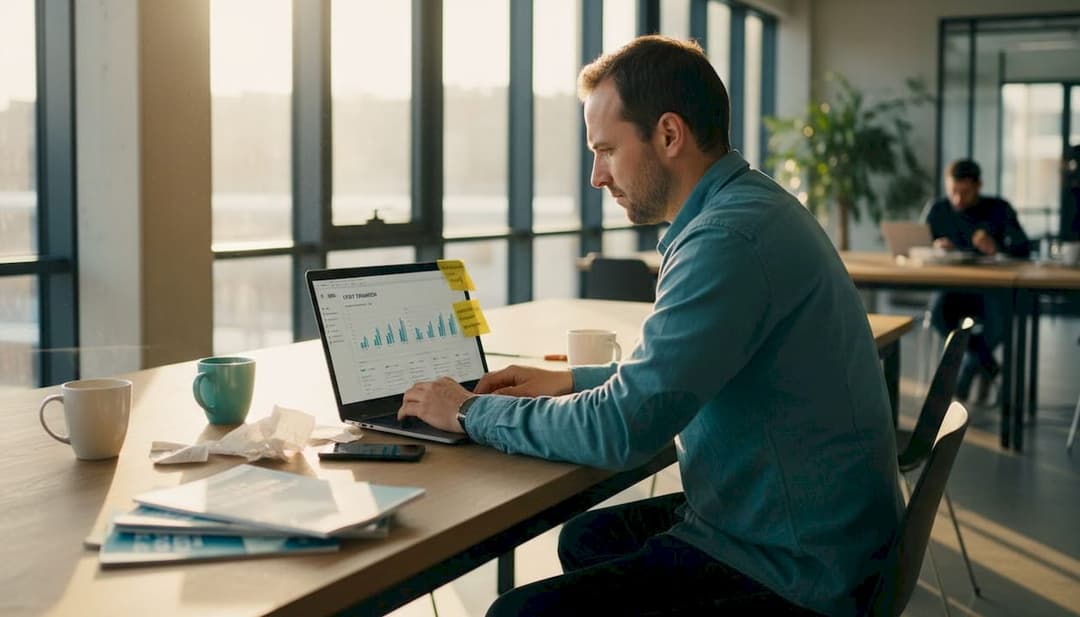 Eine Eventmanagerin prüft am Laptop die aktuellen Finanzzahlen.