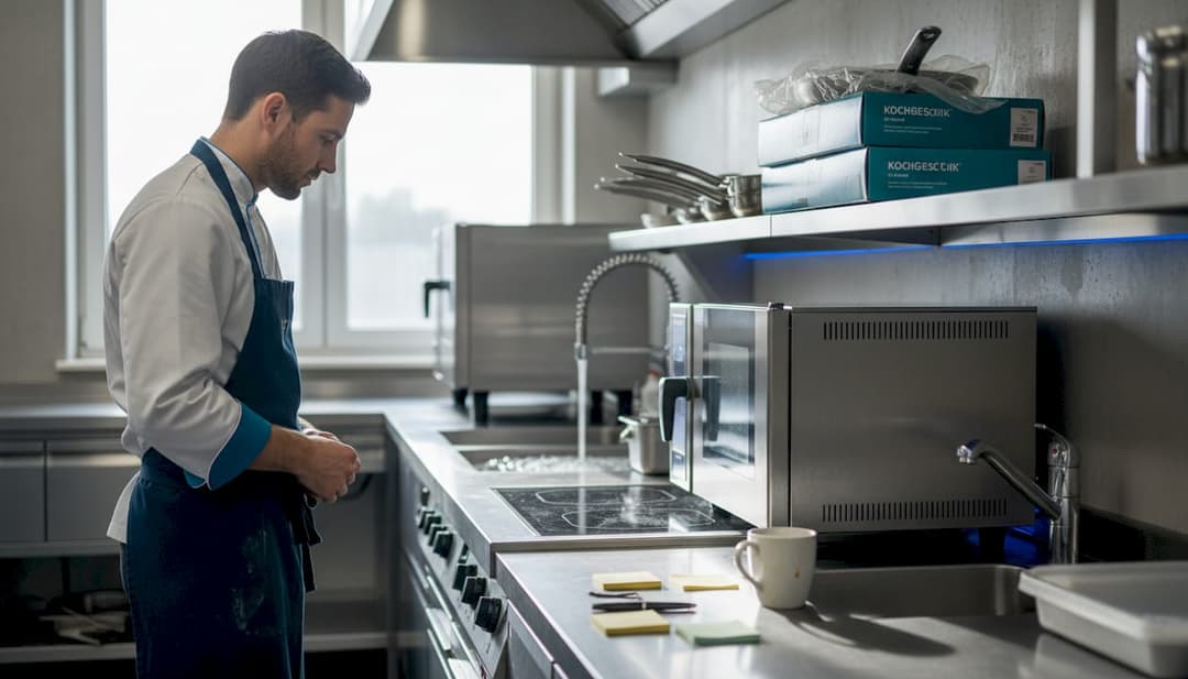 Der Küchenleiter kontrolliert regelmäßig die technischen Geräte in der Großküche, um einen reibungslosen Ablauf sicherzustellen.