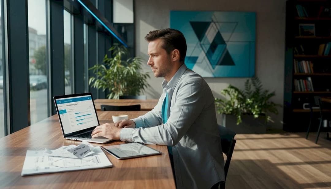 Ein Eventmanager organisiert seine Arbeit flexibel am Laptop und Tablet.