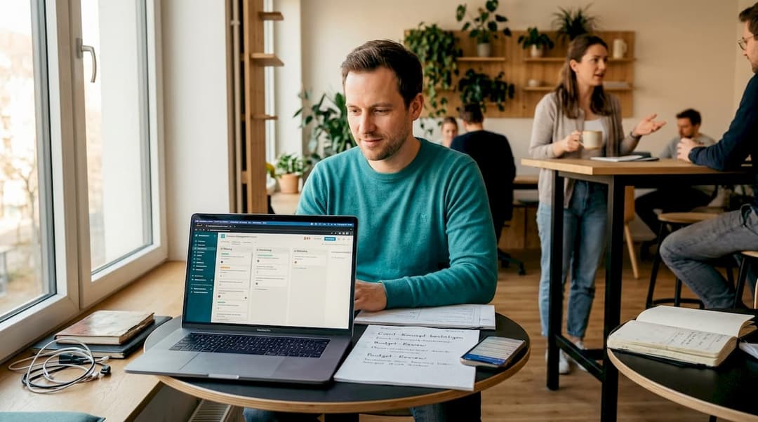 Im modernen Coworking-Space organisiert der Eventmanager seine Veranstaltungen direkt am Laptop – ganz flexibel und browserbasiert.