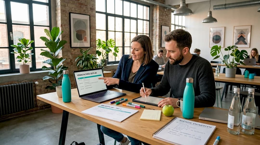 Zwei Eventmanager sitzen gemeinsam am Besprechungstisch und planen eine Veranstaltung.