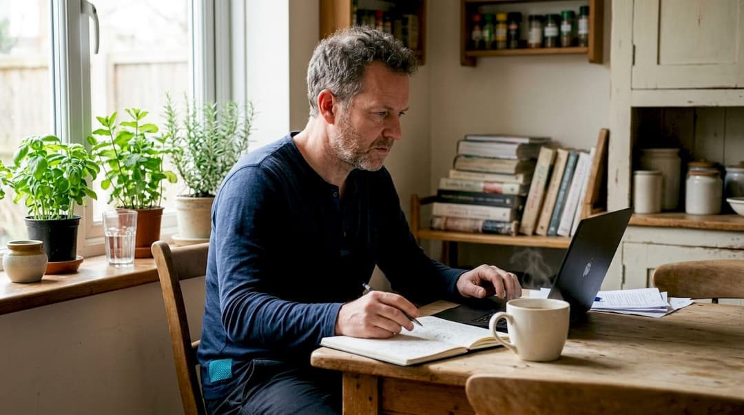 Ein Caterer sitzt im Büro und arbeitet konzentriert am Laptop.