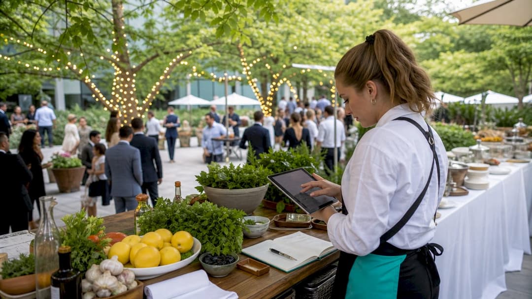 Eine Mitarbeiterin des Event-Caterings bedient das Tablet direkt am Veranstaltungsstand.