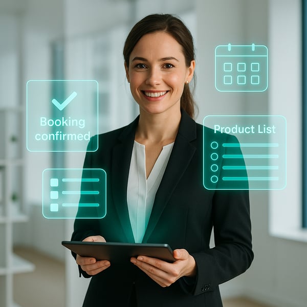 Professional event manager standing in bright modern office holding tablet with floating teal UI elements showing booking confirmations calendar icons-4