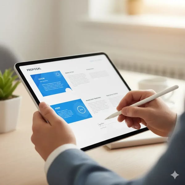 Eine Hand hält ein Tablet, auf dem ein stilvolles Angebotslayout in CI-Farben angezeigt wird, inklusive Grafiken, Textbausteinen, Preisen und einem digitalen Unterschriftsbereich. Eine zweite Hand führt gerade einen Stylus über den Bildschirm, um eine Unterschrift zu setzen. Der Fokus liegt auf Geschwindigkeit, Klarheit und Professionalität, dargestellt durch einen hellen Hintergrund, leichtes Seitenlicht und eine moderne Tech-Ästhetik.