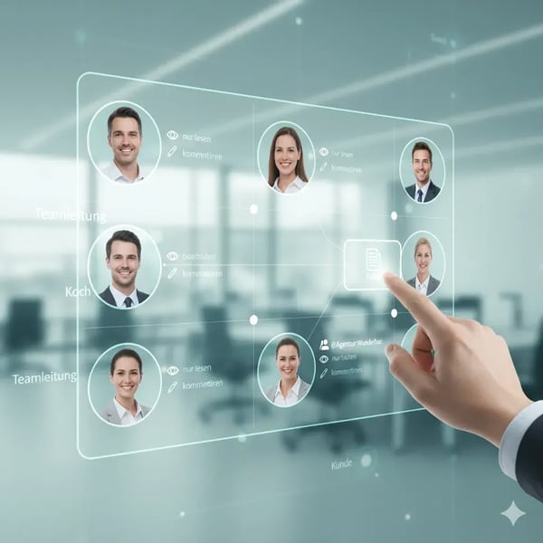 Ein digitales Dashboard mit mehreren Profil-Avataren, die jeweils eigene Bereiche sehen. Neben jedem Avatar kleine Icons für Berechtigungen („nur lesen“, „bearbeiten“, „kommentieren“). Eine Person teilt gerade eine Datei mit einem Klick – im Hintergrund leicht unscharf erkennbare Team- und Partnerrollen. Stimmung: professionell, klar, kollaborativ. Farbwelt: helles Türkis-Weiß mit feinen Akzentlinien, Stil: clean, ruhig, vernetzt.