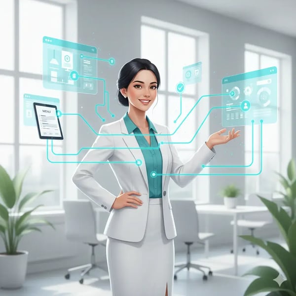 Eine selbstbewusst lächelnde Geschäftsfrau steht in einem hellen, modernen und aufgeräumten Büro. Um sie herum schweben futuristische, leuchtende türkisfarbene Linien, die verschiedene digitale Workflow-Konnektivitäten zwischen Icons wie 