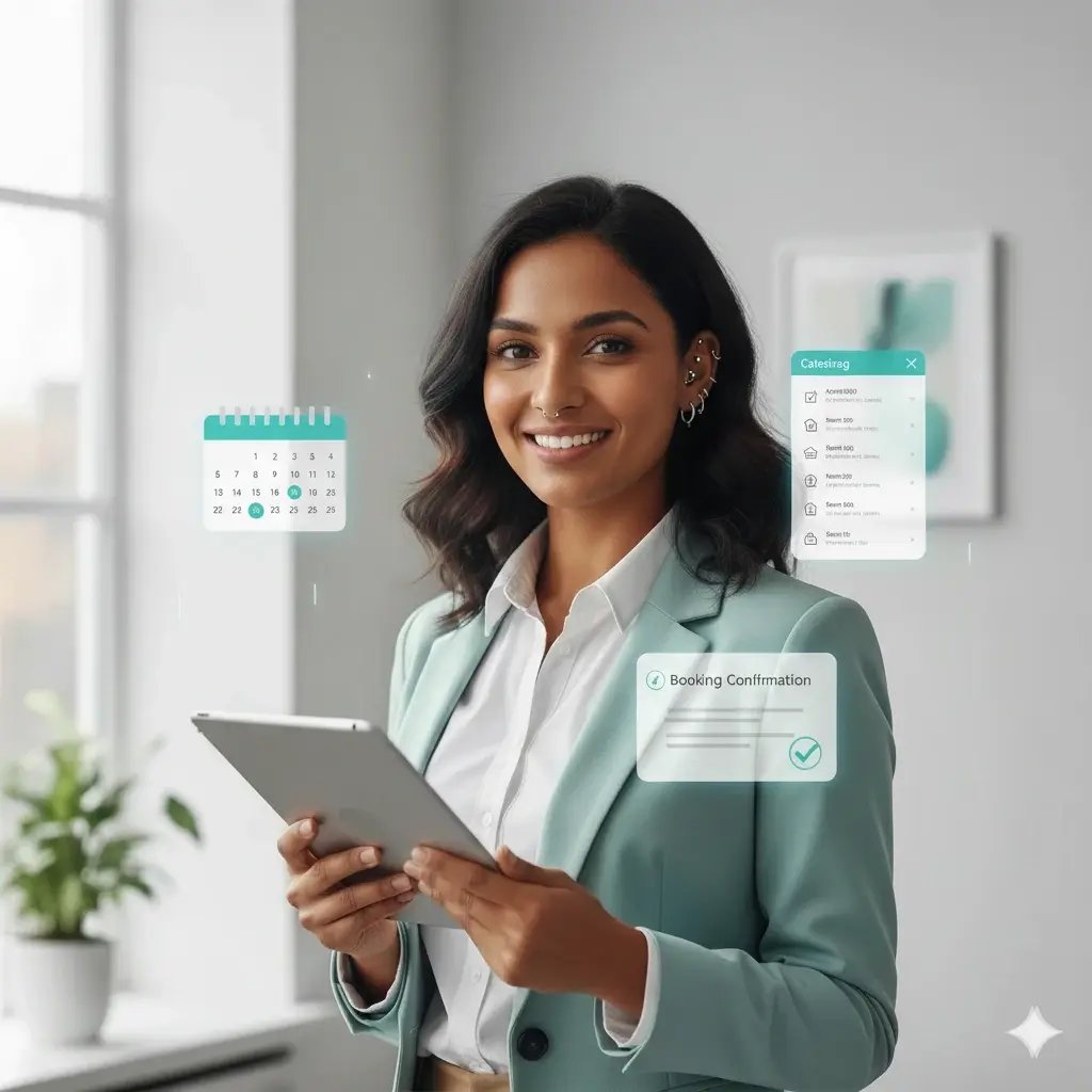 Eine lächelnde Eventmanagerin oder Catering-Managerin steht in einem hellen, modernen Büro und hält ein Tablet in den Händen. Um sie herum schweben halbtransparente digitale Benutzeroberflächenelemente: ein Kalender, eine Catering-Menükarte und eine Buchungsbestätigung mit einem Häkchen. Ihr Outfit besteht aus einem weißen Hemd und einem helltürkisfarbenen Blazer, was eine professionelle und zugängliche Ausstrahlung vermittelt. Der Hintergrund ist weich und minimalistisch gehalten, mit viel natürlichem Tageslicht, wodurch die Szene hell, freundlich und einladend wirkt.