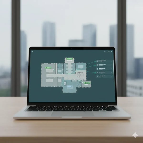 Digitale Raumkarte auf einem Laptop oder Tablet mit hervorgehobenen Bereichen („gebucht“, „frei“). Lichtlinien zeigen Verbindung zu Event-Terminen. Stil: modern-architektonisch, ruhig, klare Linien und dezente Teal-Farben.