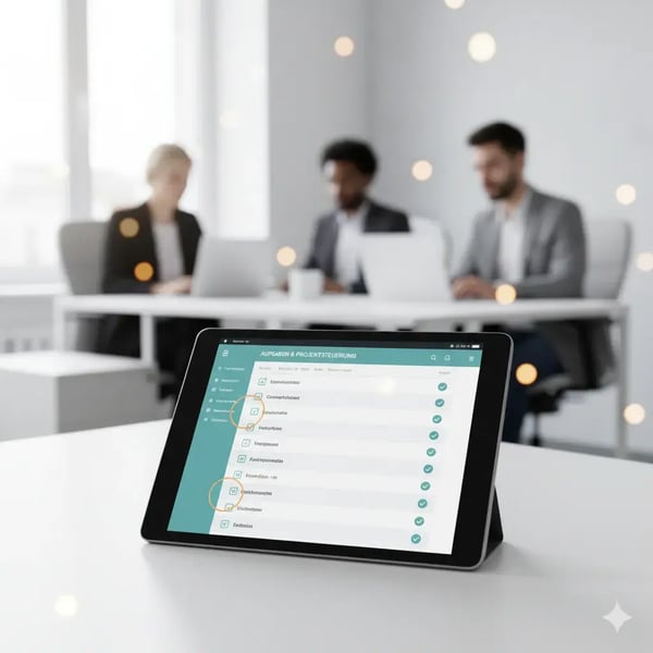 Ein Tablet oder Desktop mit digitaler Aufgabenliste. Checkmarks und Fälligkeitsanzeigen leuchten dezent. Im Hintergrund leicht unscharf: Teammitglieder bei der Arbeit. Stil: hell, ruhig, effizient – Fokus auf Organisation und Fortschritt.